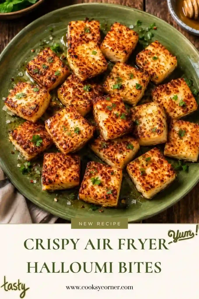 Air fryer halloumi cheese cubes served with fresh herbs and dipping sauce. A quick vegetarian appetizer made in under 20 minutes.