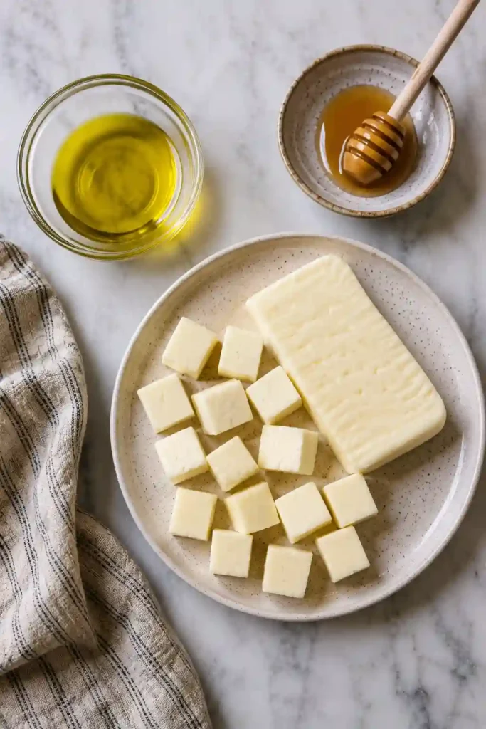 Close-up of crispy halloumi cheese cubes cooked in an air fryer and served with hot honey. An easy vegetarian cheese appetizer.
