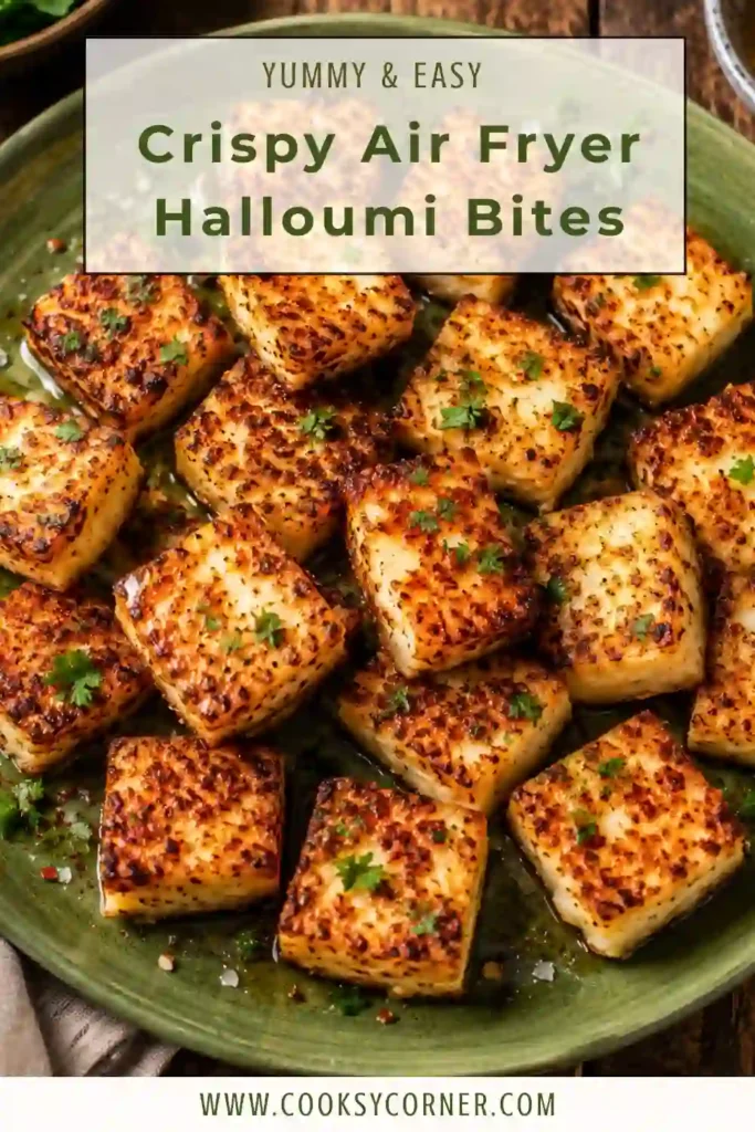 Crispy Air Fryer Halloumi Bites served with hot honey on a white platter. Golden halloumi cubes cooked until crisp on the outside and soft inside.