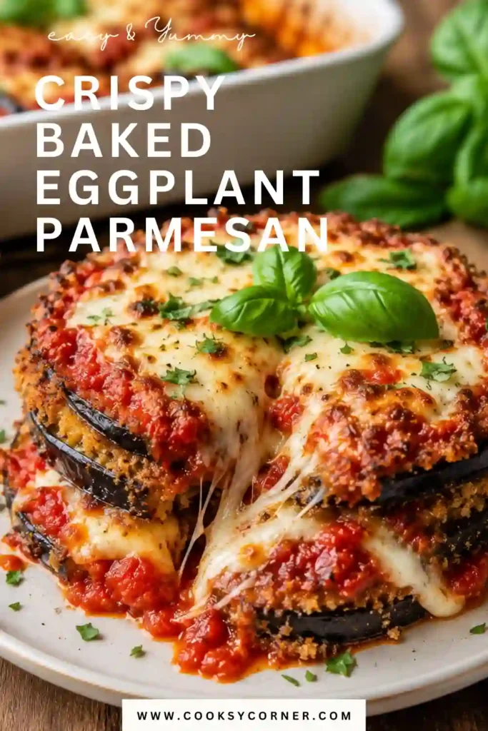 Freshly baked Crispy Baked Eggplant Parmesan served with marinara sauce and basil garnish. Each layer is filled with crispy eggplant and melted cheese.