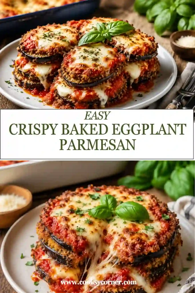 Golden oven-baked eggplant parmesan topped with bubbling mozzarella cheese and fresh basil. This healthy Italian casserole looks crisp, cheesy, and comforting.