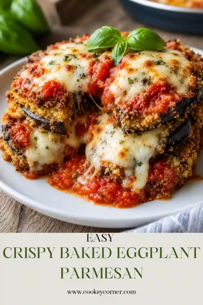 Alt Text 1 A serving of Crispy Baked Eggplant Parmesan layered with marinara sauce, melted mozzarella, and fresh basil on a white plate. The golden baked coating adds a delicious crispy texture.