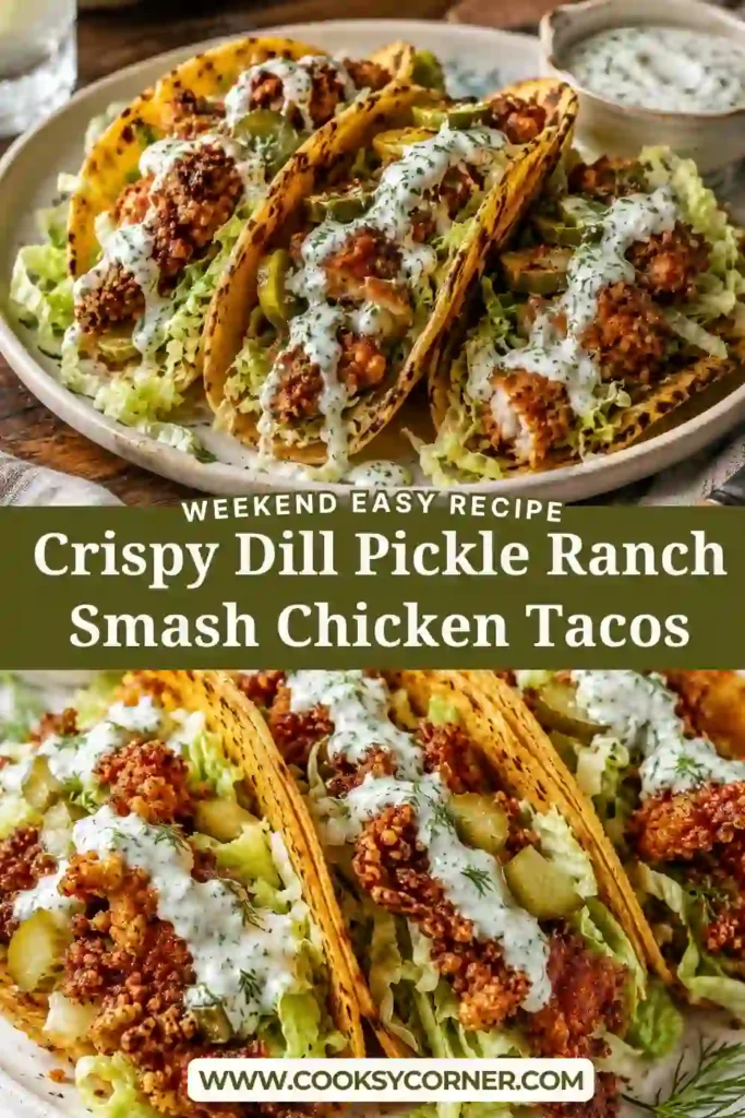Freshly made ranch chicken tacos with crispy smashed chicken patties, dill pickles, cheddar cheese, lettuce, and sour cream served on soft corn tortillas. A quick and flavorful family dinner.