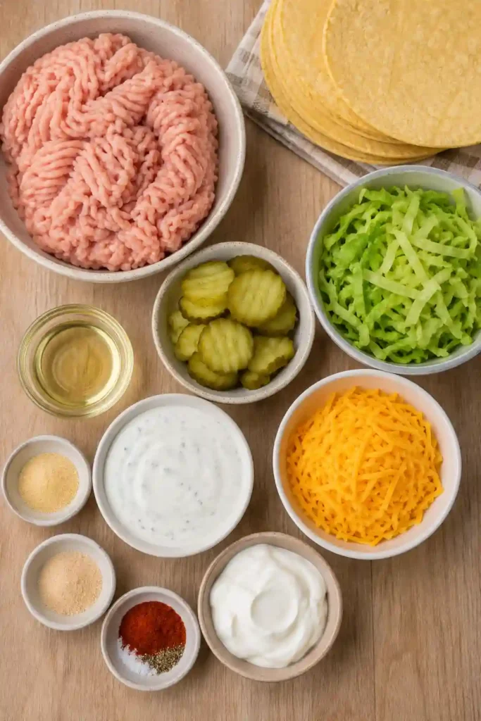 Homemade Crispy Dill Pickle Ranch Smash Chicken Tacos arranged on a serving platter with fresh lettuce, cheddar cheese, ranch dressing, sour cream, and dill pickle slices.
