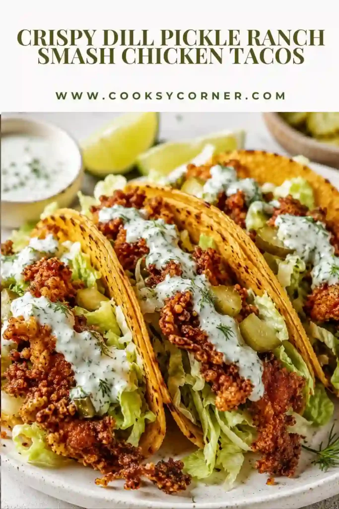 A plate of Crispy Dill Pickle Ranch Smash Chicken Tacos topped with shredded lettuce, cheddar cheese, creamy ranch dressing, sour cream, and crunchy dill pickle slices. The tacos feature golden crispy ground chicken on warm corn tortillas.
