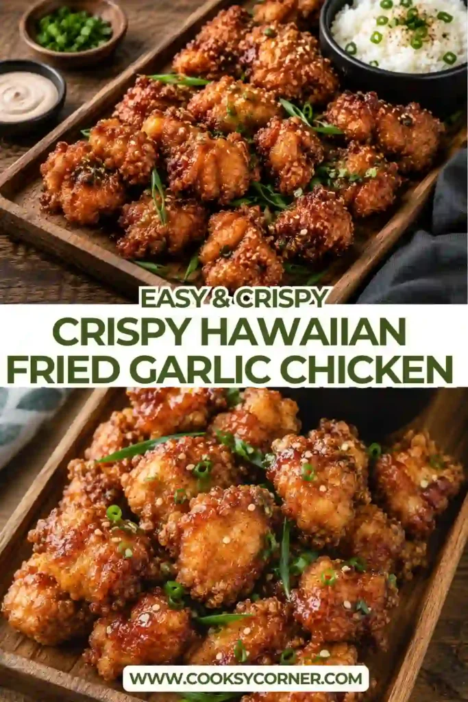 Golden crispy garlic chicken coated in a crunchy crust and glazed with a sweet soy garlic sauce. This Hawaiian-inspired chicken recipe is perfect for lunch or dinner.