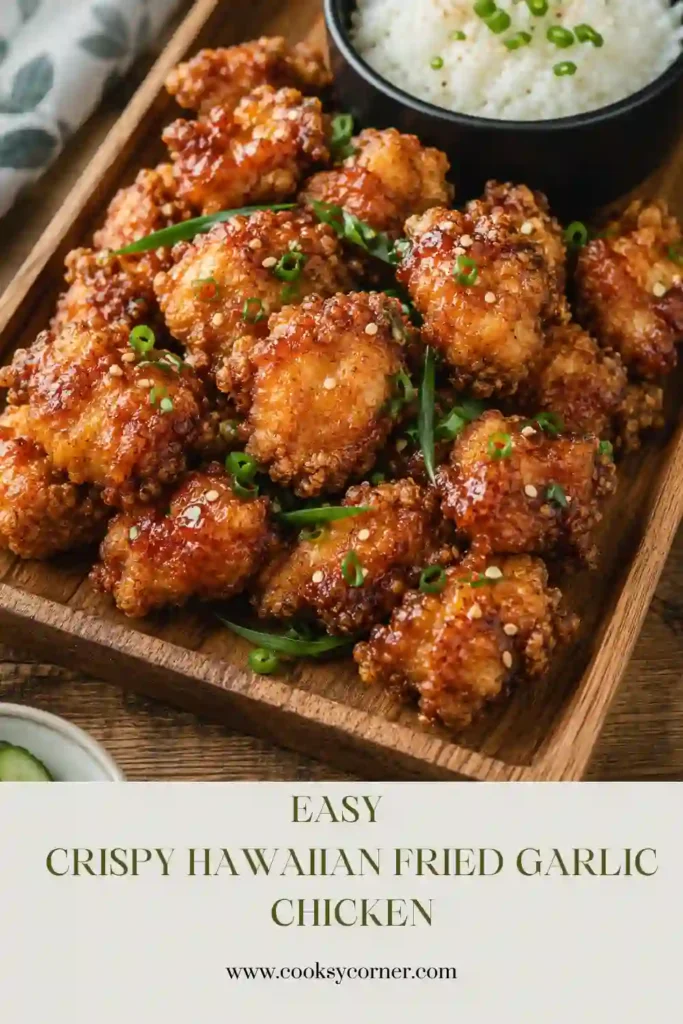 A plate of Crispy Hawaiian Fried Garlic Chicken with golden-brown chicken bites garnished with chopped green onions and sesame seeds. Served alongside steamed white rice for a delicious island-inspired meal.
