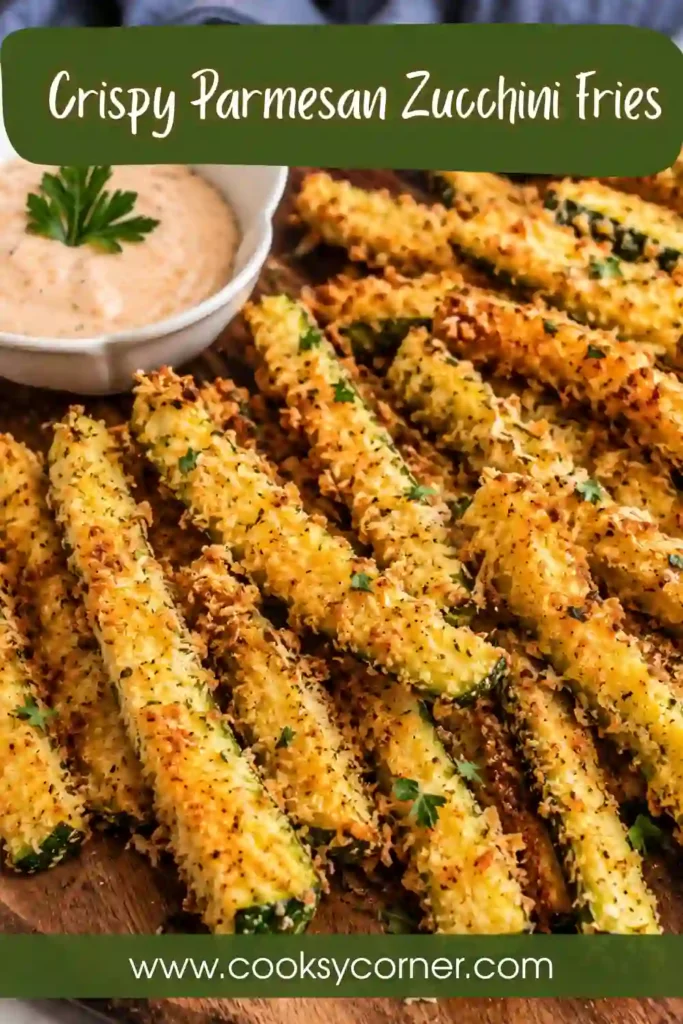 Close-up of baked zucchini fries coated with Parmesan cheese and crunchy breadcrumbs, served with marinara dipping sauce.