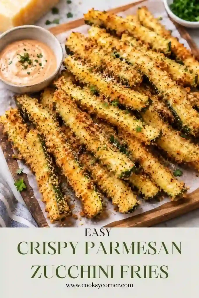 Freshly baked Crispy Parmesan Zucchini Fries arranged on a serving platter with a golden panko coating and grated Parmesan. The zucchini fries are crispy outside and tender inside.