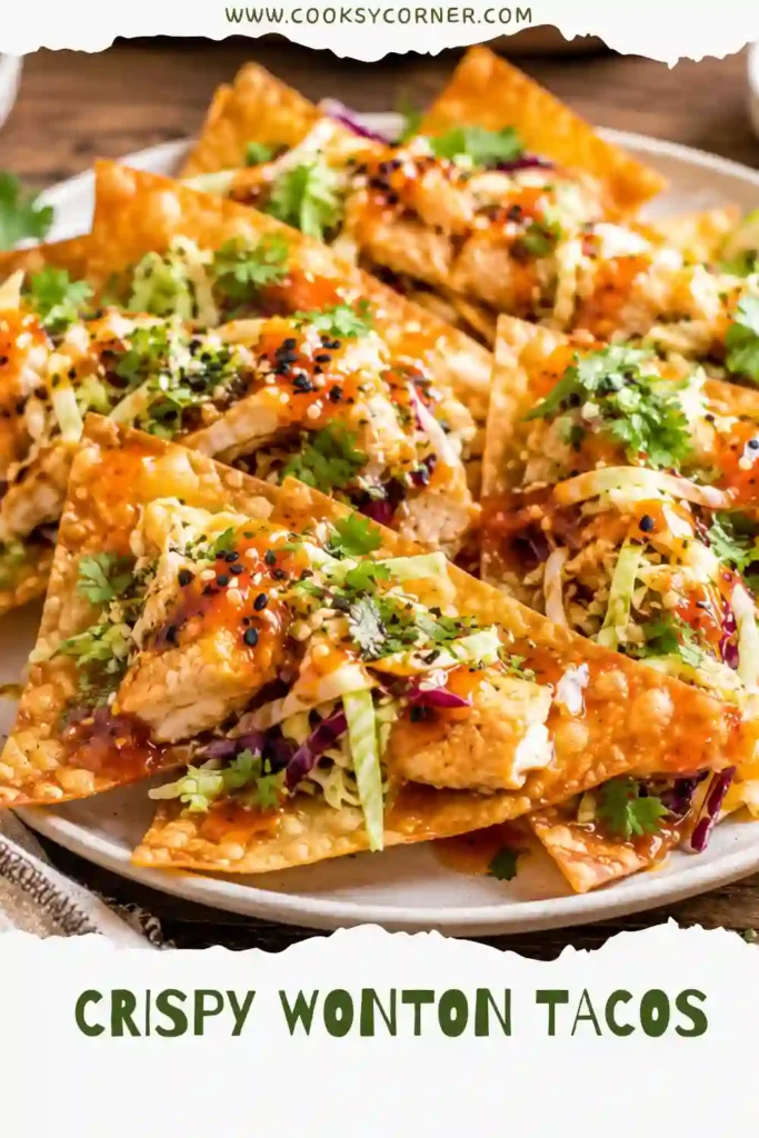 Golden baked wonton taco shells stuffed with flavorful chicken and fresh cabbage slaw. Easy Asian-inspired appetizer recipe.