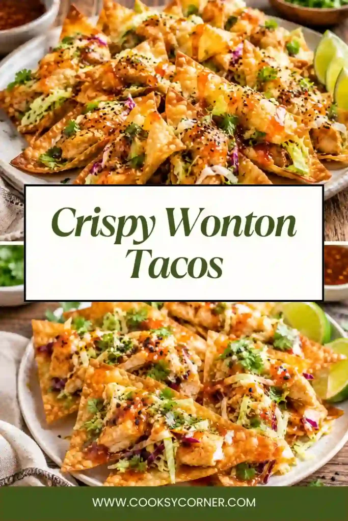 Homemade Crispy Wonton Tacos topped with sweet chili sauce, sesame seeds, and fresh cilantro. Perfect for parties or family dinners.