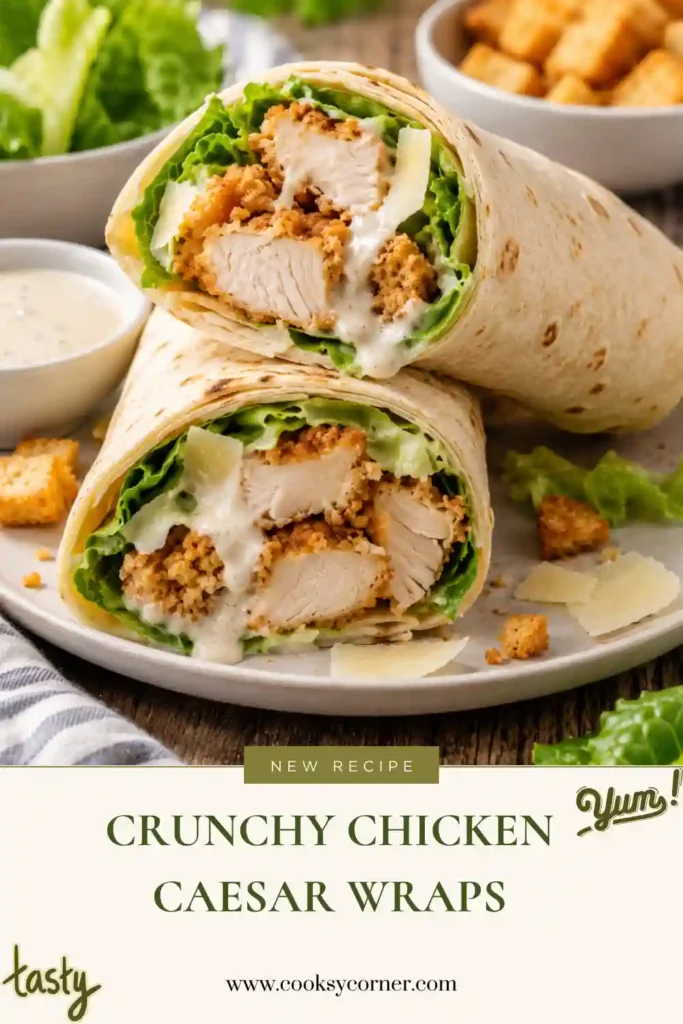 Freshly made Crunchy Chicken Caesar Wraps sliced in half and filled with crispy chicken tenders, romaine lettuce, Parmesan cheese, and creamy Caesar dressing. A quick and satisfying lunch wrap perfect for busy weekdays.
