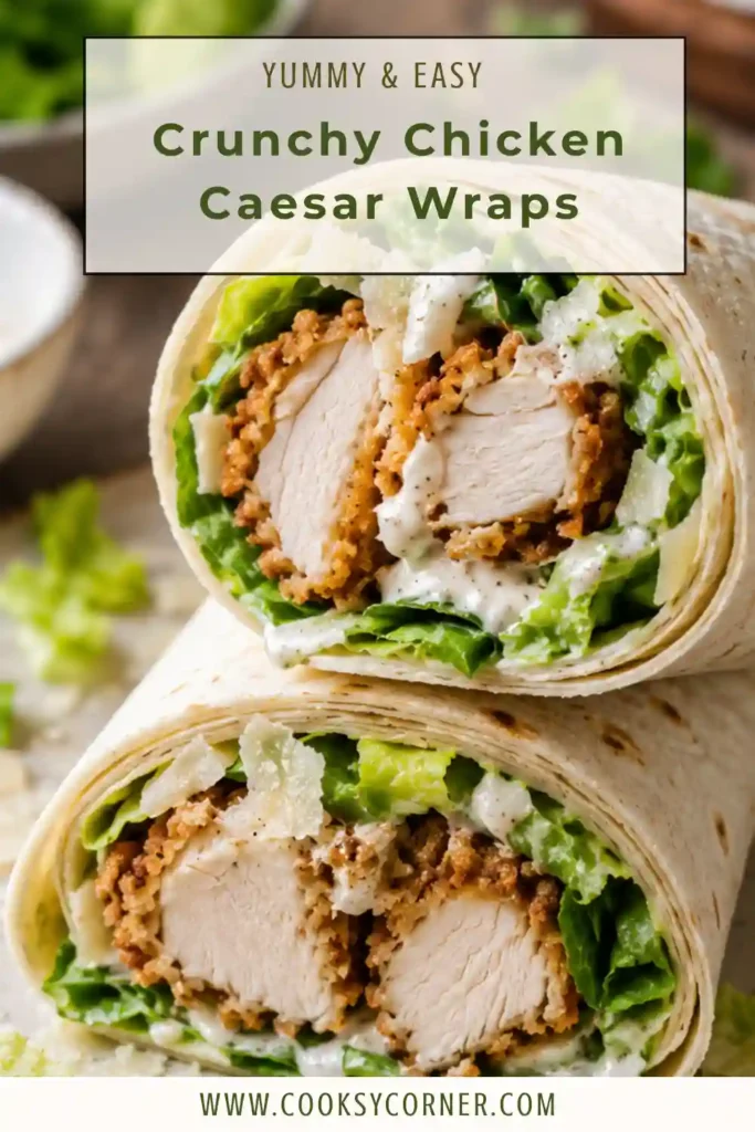 Close-up of Crunchy Chicken Caesar Wraps stuffed with crispy chicken, chopped romaine lettuce, shaved Parmesan, and creamy Caesar dressing inside soft tortillas. A flavorful family-friendly meal.
