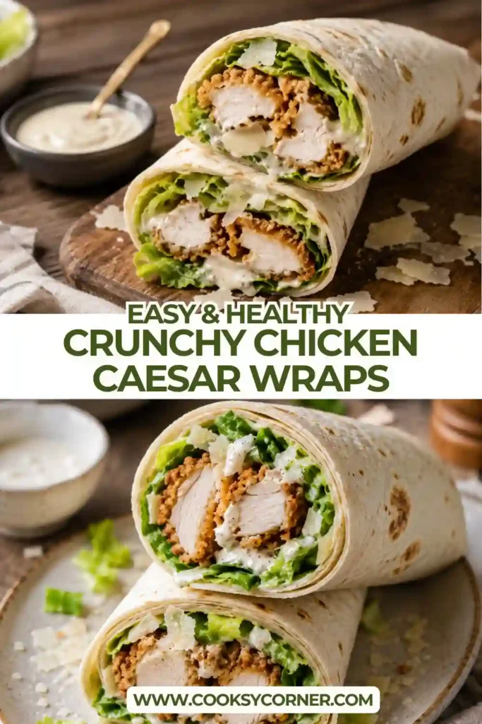 Homemade crispy chicken Caesar wrap served on a wooden board with fresh lettuce and Parmesan cheese. This easy chicken wrap recipe is ideal for lunch or dinner.