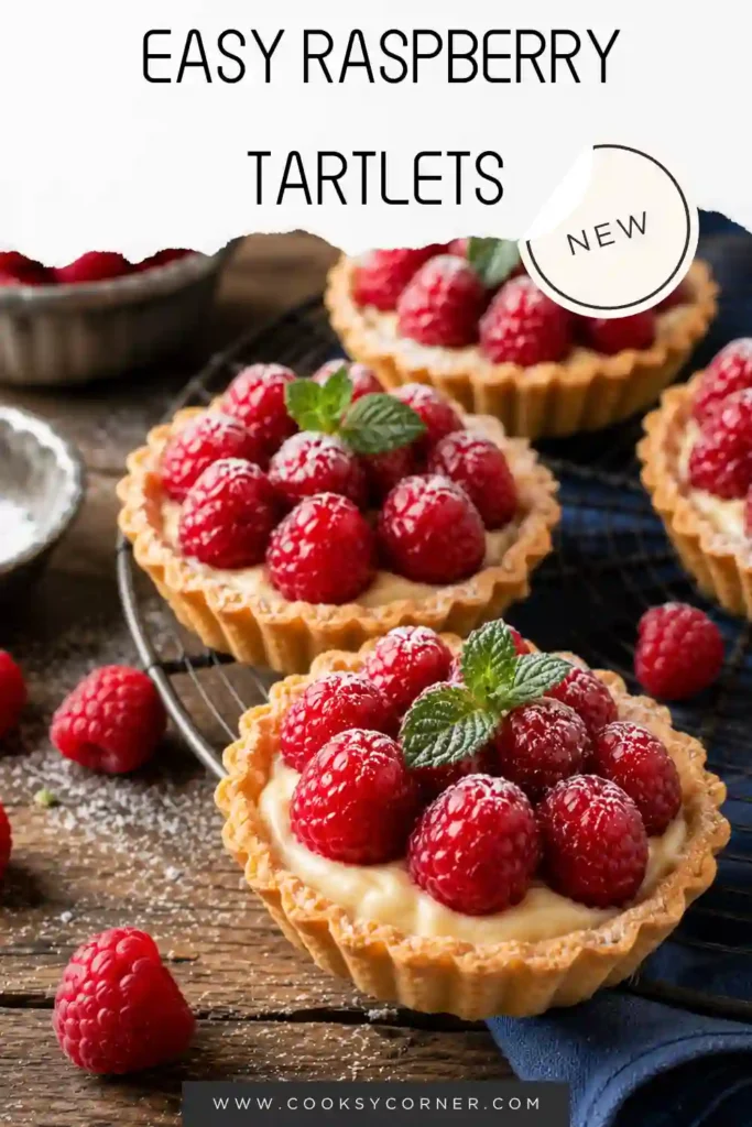 Fresh Raspberry Tartlets with glossy raspberry glaze served on a dessert platter. Homemade berry tartlets with vanilla crème pâtissière.