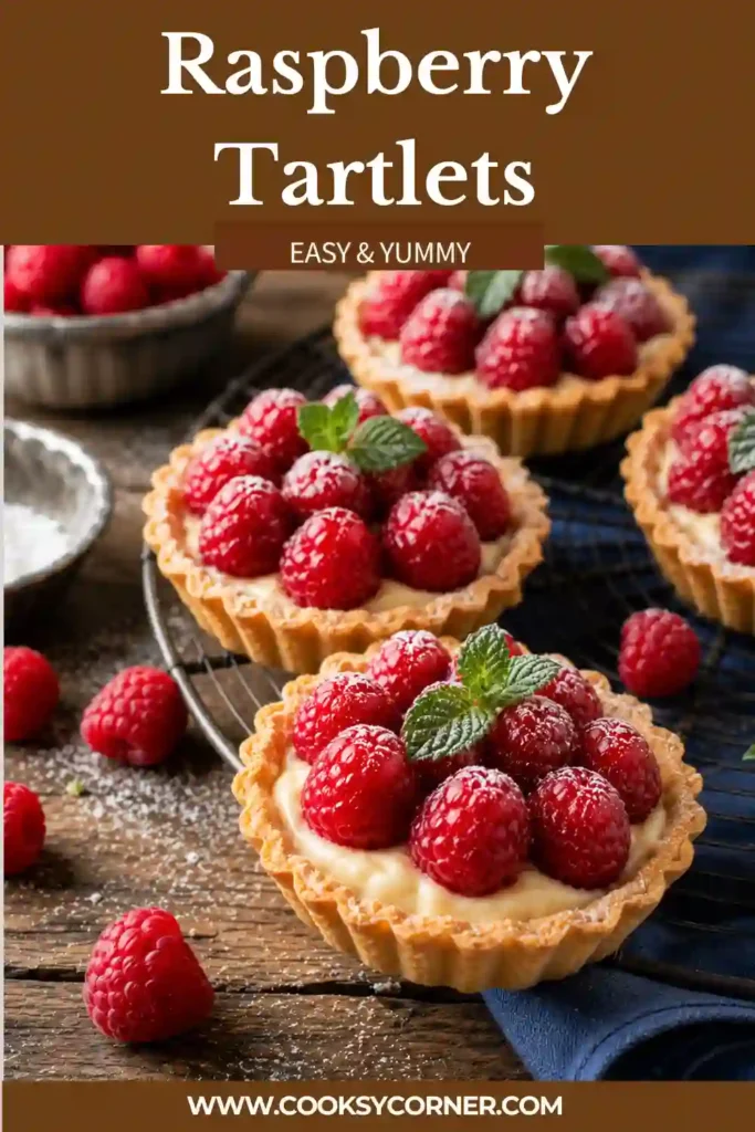 Homemade Raspberry Tartlets filled with vanilla pastry cream and topped with fresh raspberries and raspberry glaze. Elegant mini fruit tarts served on a white platter.