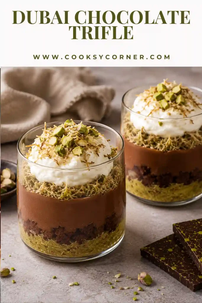 A layered Dubai Chocolate Trifle topped with toasted kataifi and chopped pistachios. The rich chocolate and creamy pistachio layers create a stunning Middle Eastern-inspired dessert.