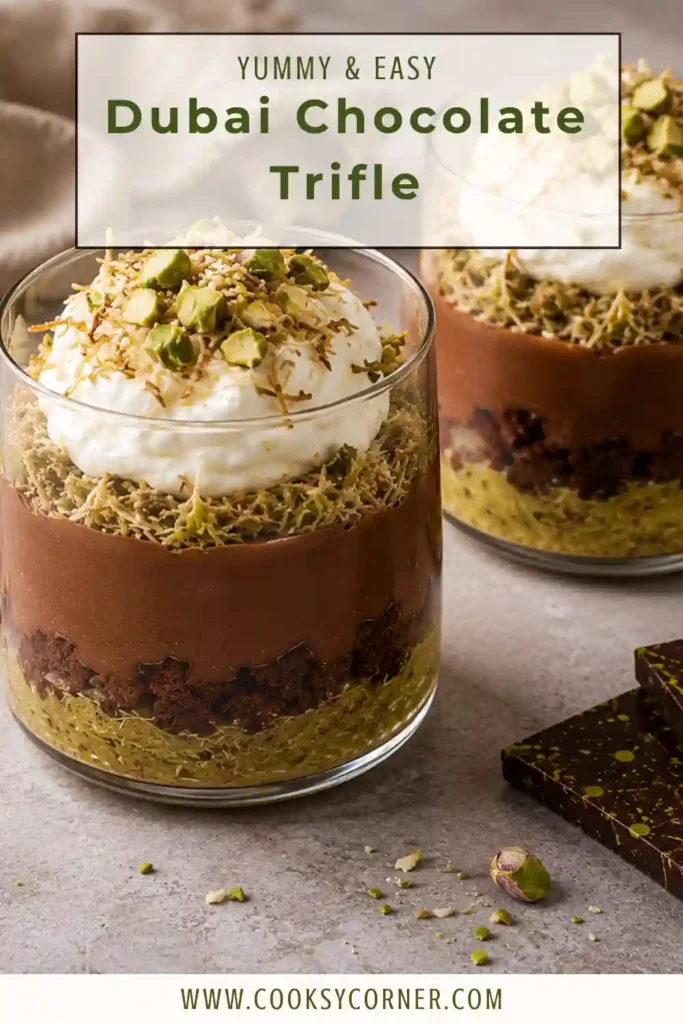 Individual Dubai Chocolate Trifle featuring creamy chocolate custard, crunchy kataifi pastry, pistachio cream, whipped cream, and brownie pieces. This luxurious dessert is perfect for entertaining.