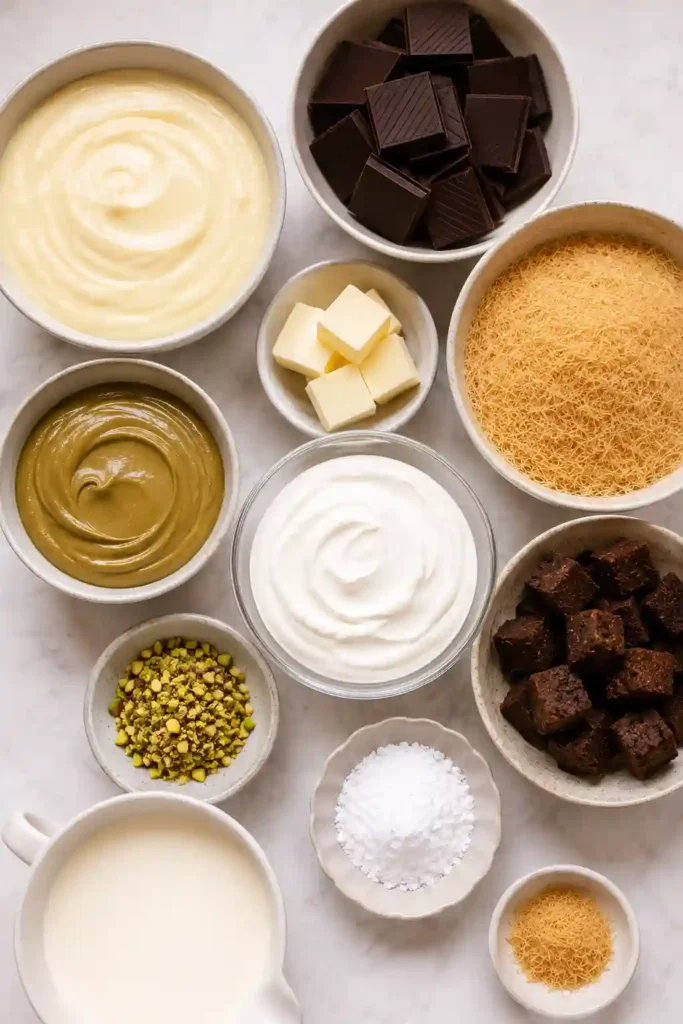 Elegant Dubai Chocolate Trifle with chocolate custard, pistachio cream, brownies, whipped cream, and crispy kataifi garnish. A decadent no-bake dessert served in clear glasses.