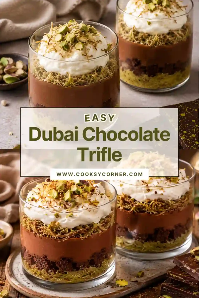 Dubai Chocolate Trifle served in a clear dessert glass with layers of chocolate custard, pistachio cream, toasted kataifi pastry, brownies, whipped cream, and chopped pistachios. The dessert showcases rich textures and elegant presentation.