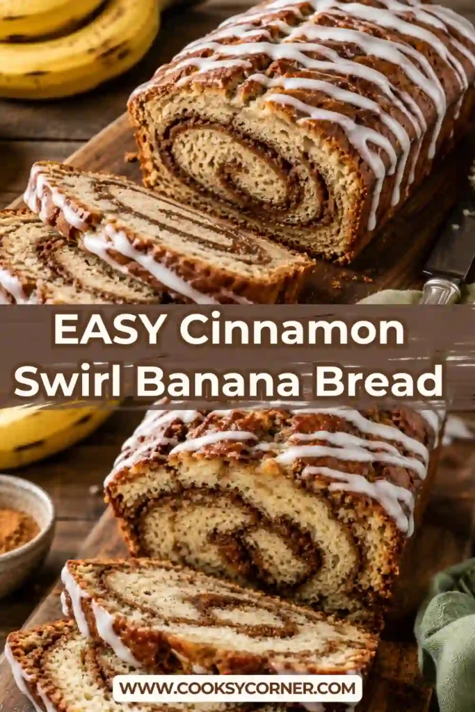 Close-up of moist homemade banana bread with a cinnamon swirl running through each slice and topped with a light vanilla drizzle.