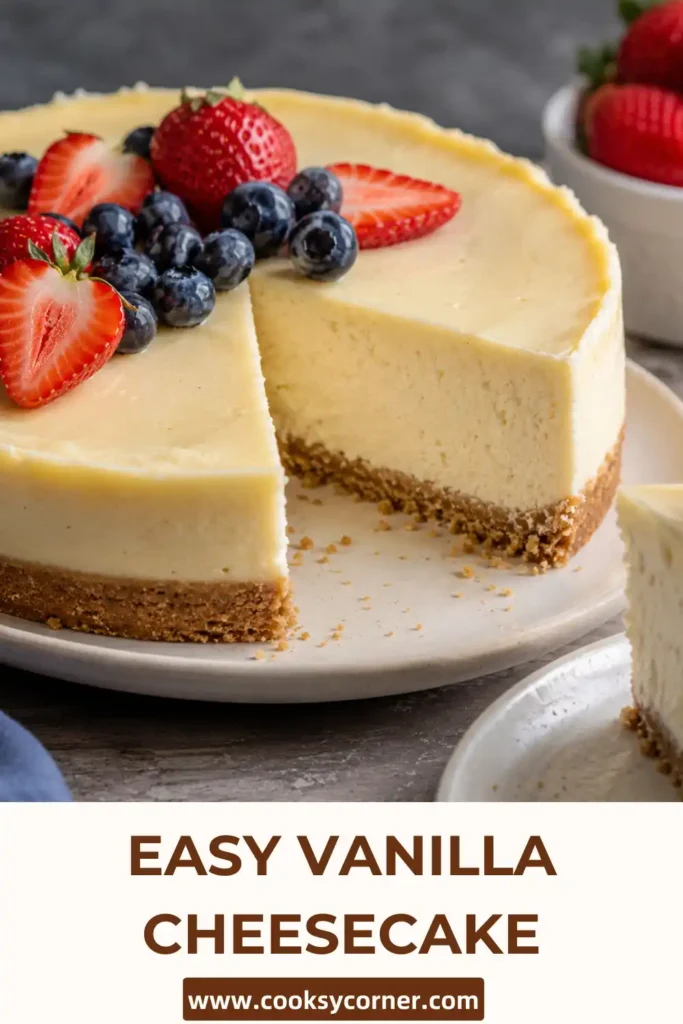 A rich no-bake Vanilla Cheesecake garnished with whipped cream and fresh strawberries. The smooth cream cheese filling sits atop a buttery biscuit base.