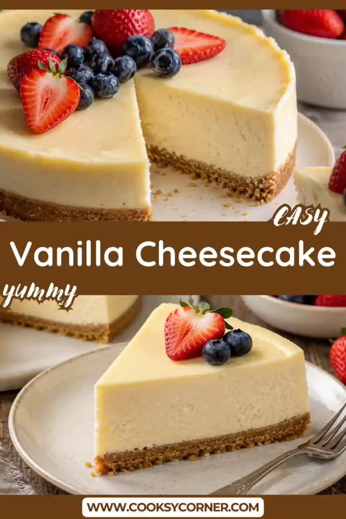 Creamy Vanilla Cheesecake featuring a golden cookie crust and silky vanilla filling. This homemade cheesecake is chilled until perfectly firm and ready to serve.