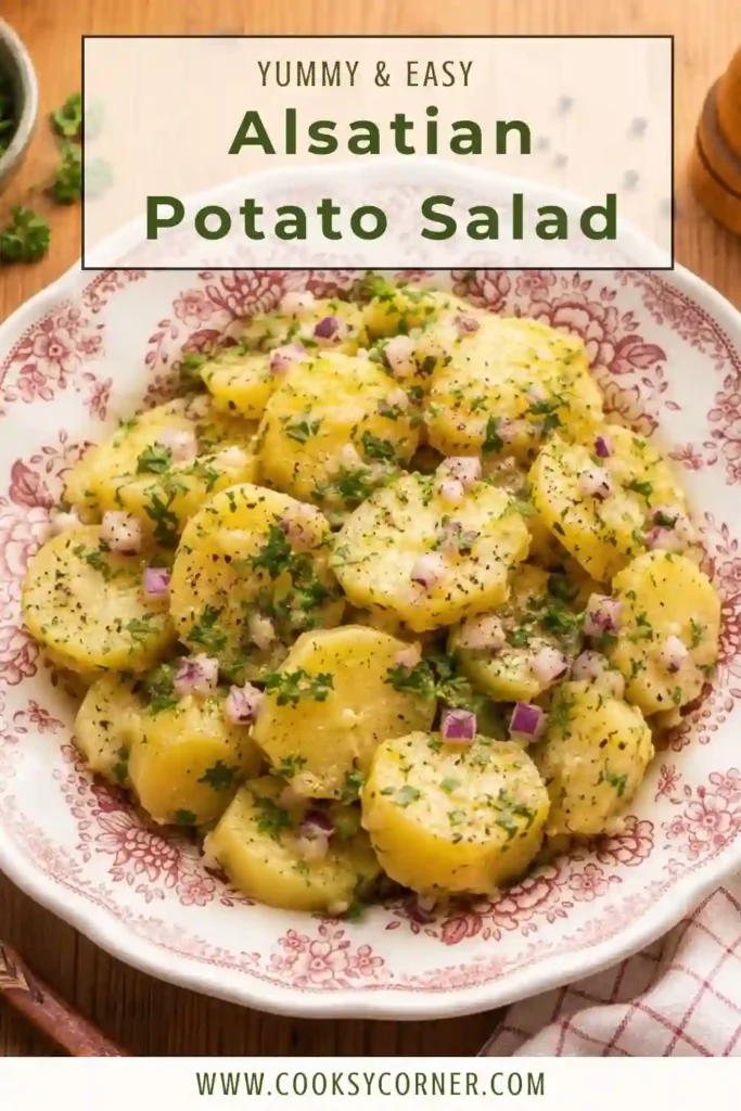 Traditional Easy Alsatian Potato Salad featuring waxy potatoes coated in a tangy mustard vinaigrette with fresh herbs and onions. Perfect for family dinners and summer gatherings.