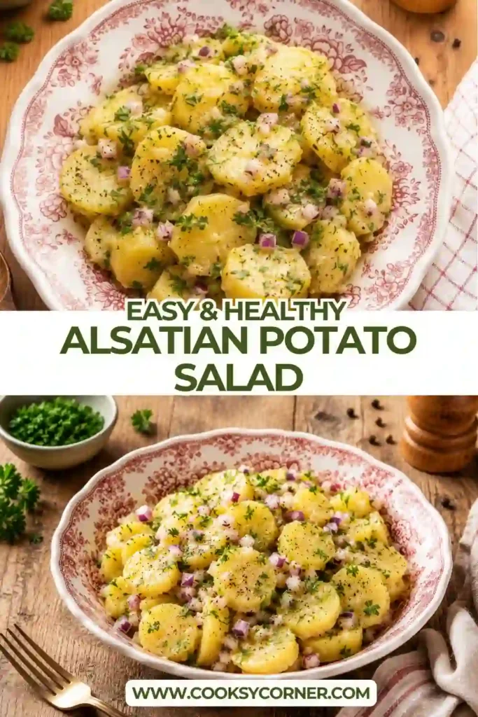 Fresh Easy Alsatian Potato Salad tossed with Dijon mustard dressing, chopped parsley, chives, and tender red potatoes. A classic French potato side dish served warm.