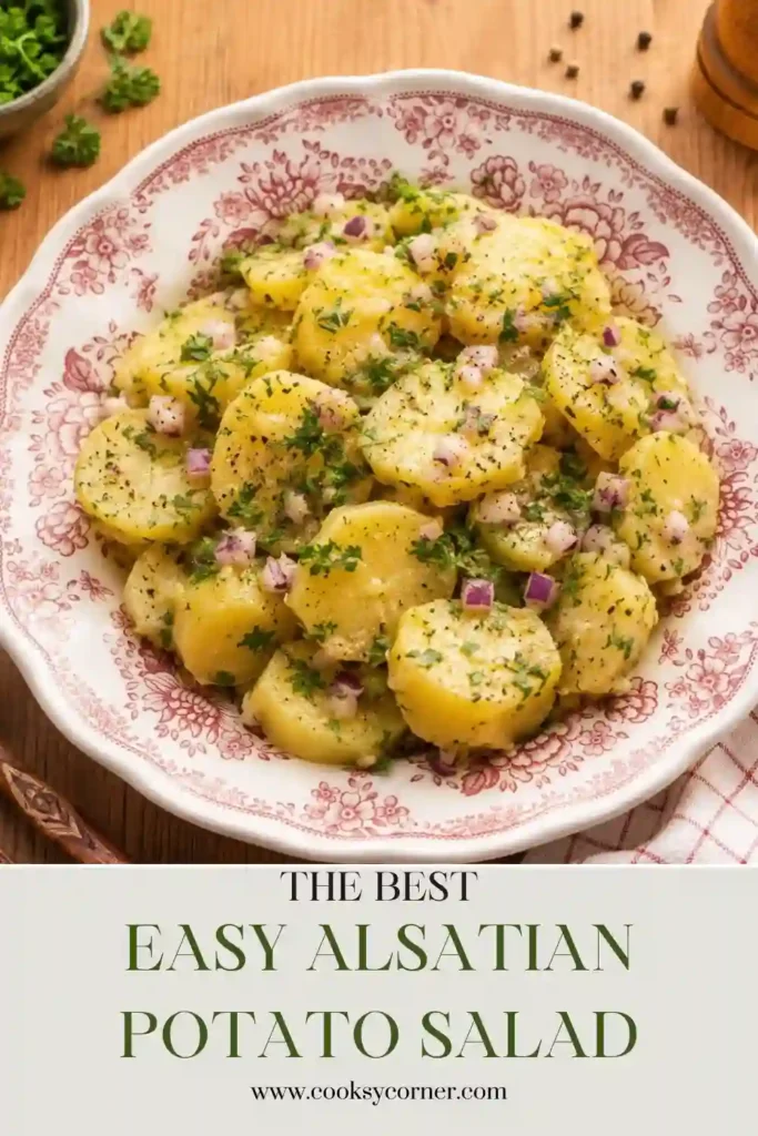A rustic bowl of Easy Alsatian Potato Salad made with sliced red potatoes, Dijon mustard vinaigrette, parsley, chives, and red onion. The warm French potato salad is garnished with fresh herbs.