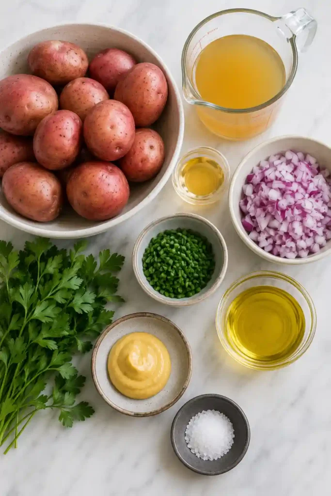 Close-up of Easy Alsatian Potato Salad with sliced potatoes, Dijon vinaigrette, parsley, and chives in a rustic serving bowl. A light and flavorful French side dish.