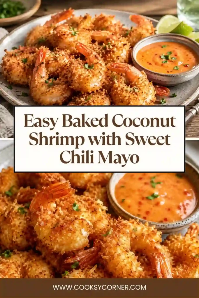 Freshly baked coconut shrimp with shredded coconut and Panko breadcrumbs served alongside sweet chili mayo and lime wedges. A flavorful oven-baked seafood recipe.