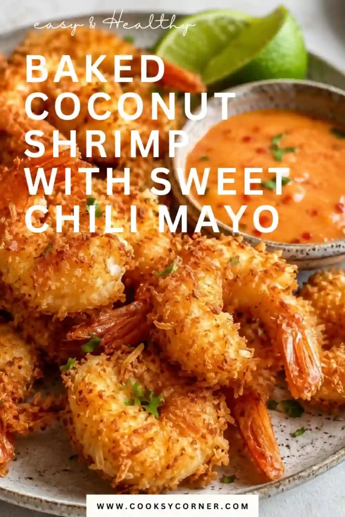 Golden Baked Coconut Shrimp with Sweet Chili Mayo arranged on a serving platter with creamy dipping sauce. The shrimp have a crispy coconut-Panko coating baked until perfectly golden.