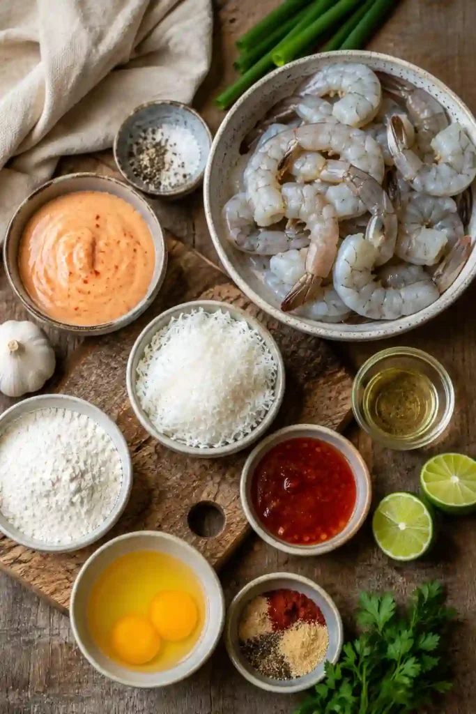 Crunchy baked coconut shrimp on a white plate with creamy sweet chili dipping sauce. Perfect for appetizers, parties, or weeknight dinners.