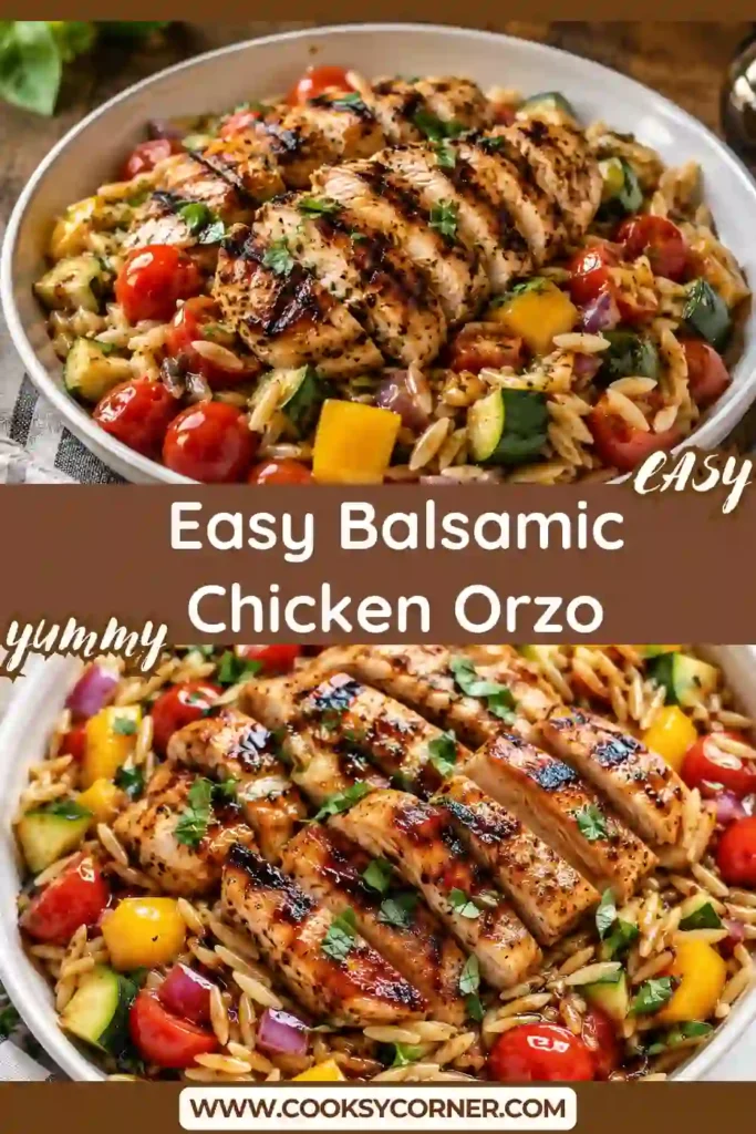 3. Easy Balsamic Chicken Orzo garnished with fresh basil and surrounded by zucchini, tomatoes, peppers, and onions. A delicious one-pan meal perfect for busy weeknight dinners.