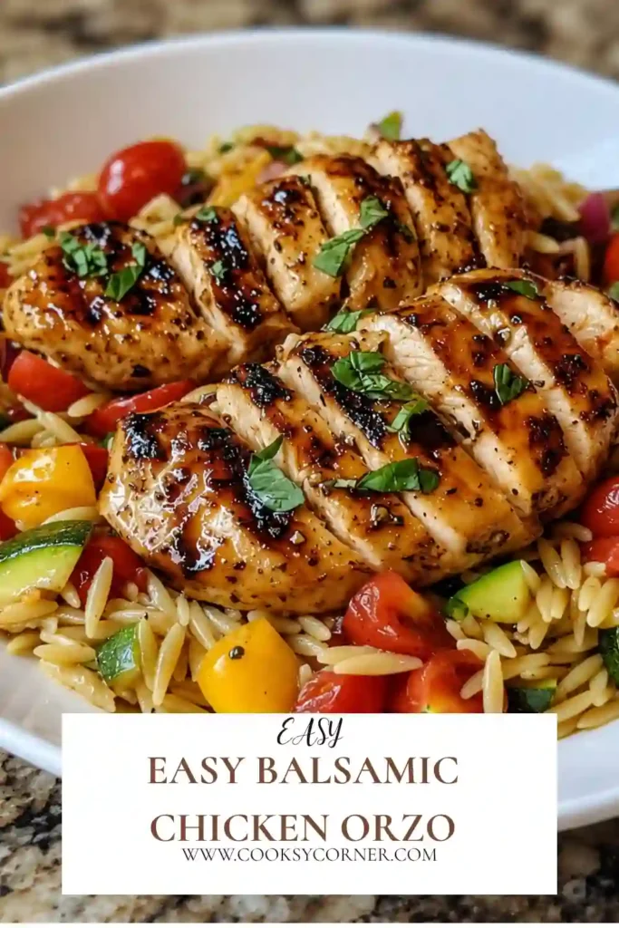 2. Juicy balsamic chicken served over tender orzo with colorful vegetables in a rustic skillet. The vibrant ingredients make this healthy chicken dinner both comforting and visually appealing.