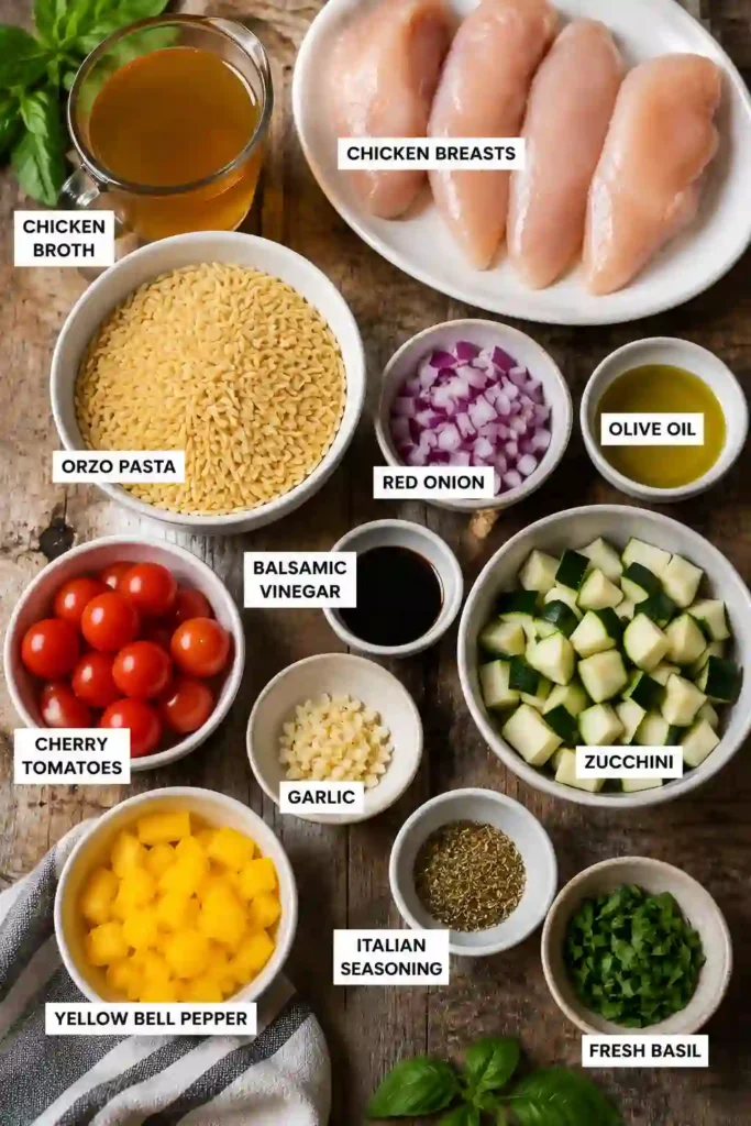 4.
Tender chicken breasts paired with flavorful orzo, fresh vegetables, and a glossy balsamic finish. This easy skillet chicken recipe is wholesome, colorful, and satisfying.