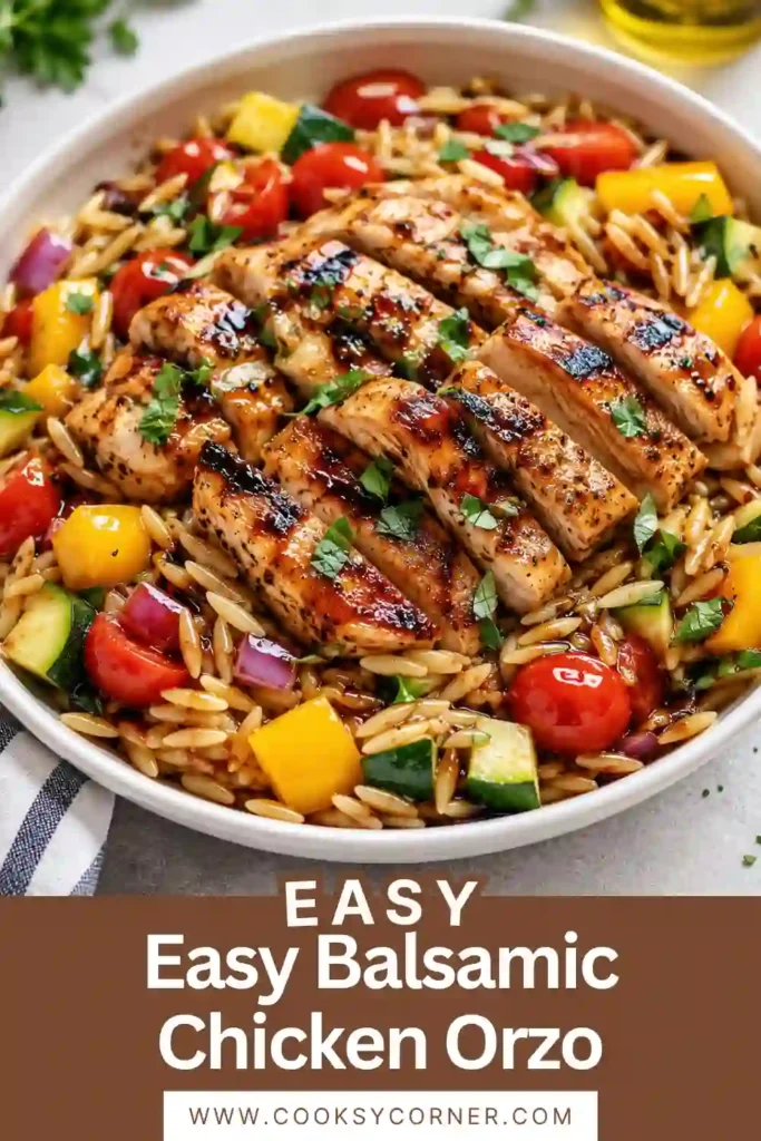 1. A skillet filled with Easy Balsamic Chicken Orzo featuring golden chicken breasts, tender orzo, cherry tomatoes, zucchini, and fresh basil. This colorful one-pan chicken dinner looks fresh, hearty, and perfect for a healthy family meal.