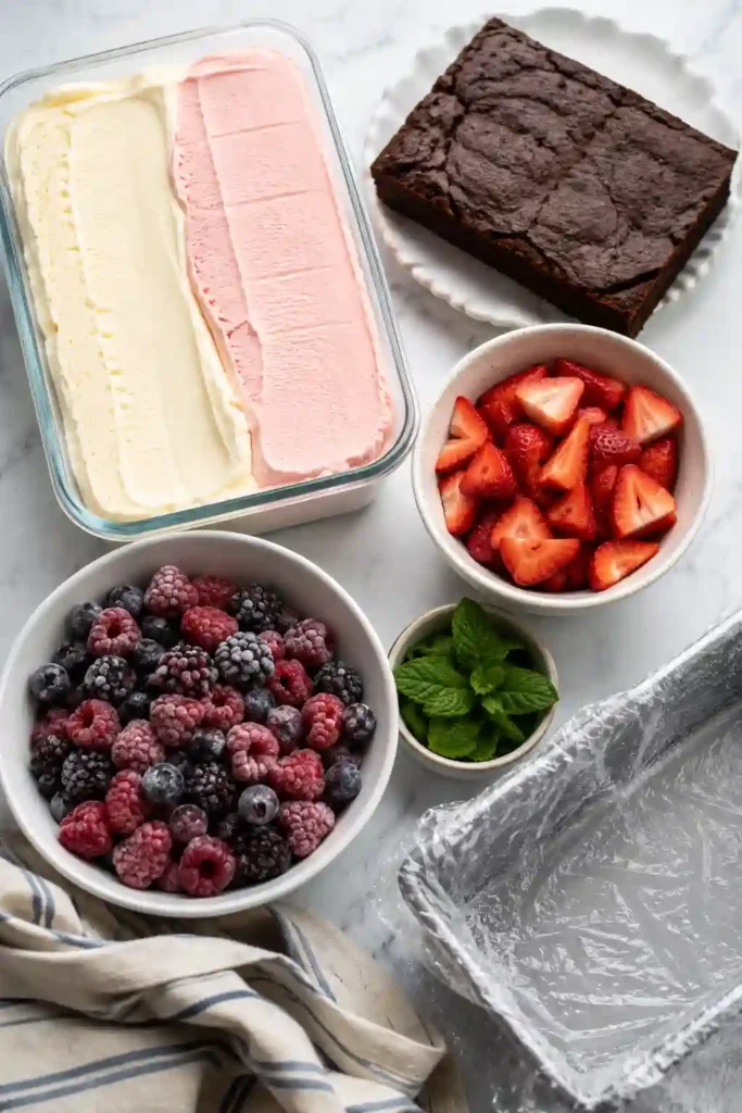 Brownie ice cream cake layered with vanilla and strawberry ice cream and decorated with colorful berries. A delicious frozen dessert for birthdays and summer parties.