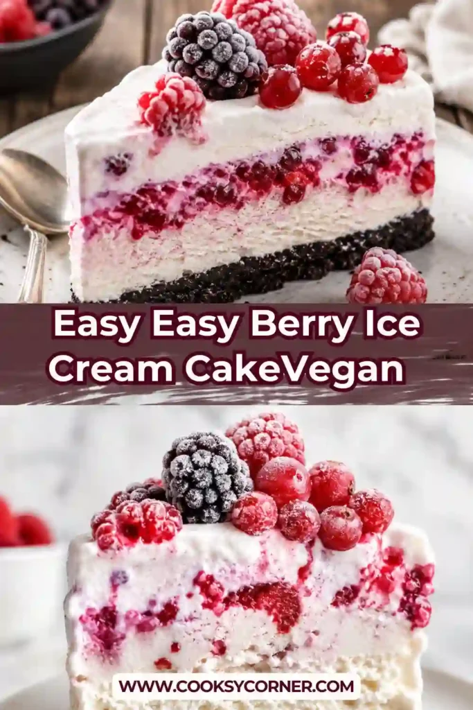 A homemade berry ice cream cake featuring chocolate brownie, creamy vanilla and strawberry ice cream, and a topping of mixed berries. This no-bake dessert is refreshing and elegant.
