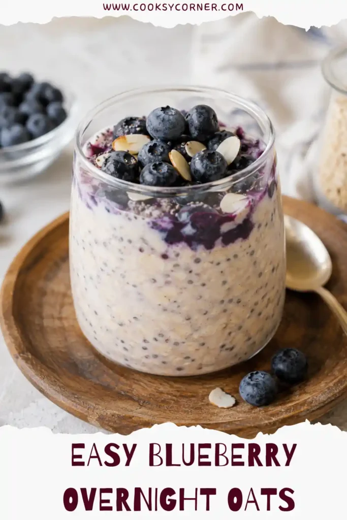 Healthy Blueberry Overnight Oats prepared with rolled oats, almond milk, fresh blueberries, and creamy Greek yogurt. A delicious no-cook breakfast ready straight from the refrigerator.