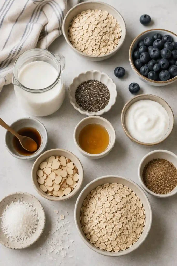 Fresh Blueberry Overnight Oats garnished with juicy blueberries and thick Greek yogurt. An easy meal prep breakfast that's rich in fiber and protein.