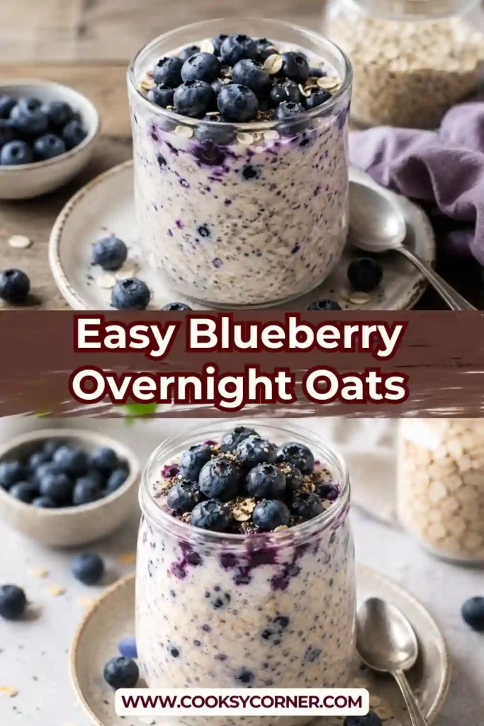 Creamy overnight oats with blueberries, chia seeds, and yogurt served in a mason jar. A nutritious breakfast recipe made with wholesome ingredients.