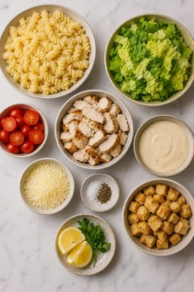 Fresh Chicken Caesar Pasta Salad topped with Parmesan cheese, crunchy croutons, and creamy Caesar dressing for a satisfying meal.