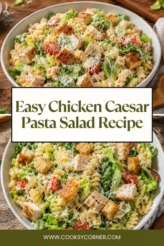 Homemade Easy Chicken Caesar Pasta Salad with rotini pasta, grilled chicken, crisp lettuce, Parmesan, and creamy Caesar dressing served in a rustic bowl.