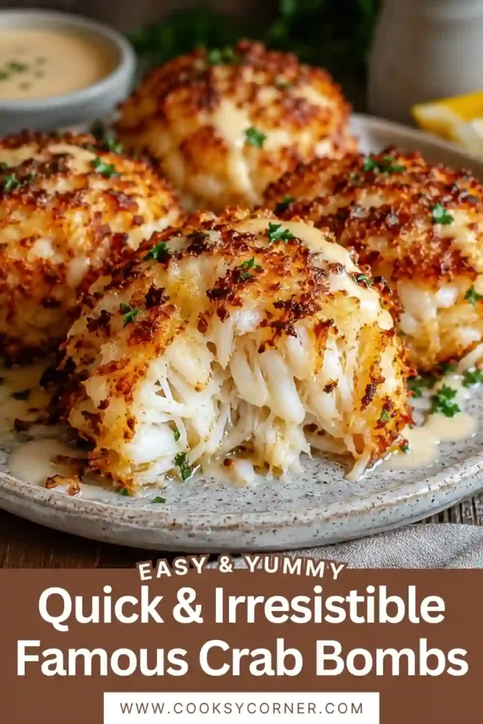 Close-up of crispy baked Crab Bombs with a flaky crab center and buttery crust. Fresh parsley and lemon complete this easy seafood appetizer.