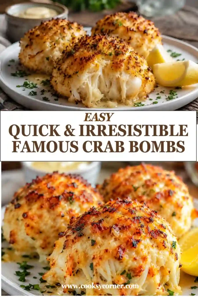 Homemade Crab Bombs arranged on a serving platter with lemon wedges and fresh herbs. Each bite is packed with sweet lump crab meat and savory seasoning.
