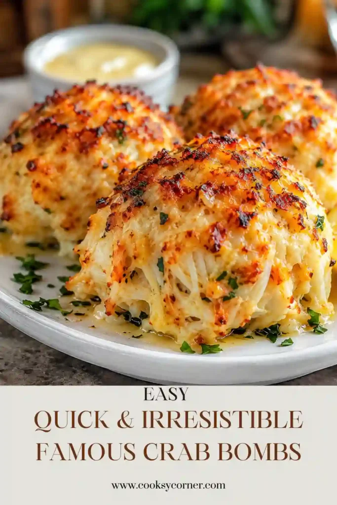 Freshly baked Crab Bombs made with lump crab meat, buttery Panko breadcrumbs, and Old Bay seasoning. The golden seafood appetizer is served warm with lemon wedges for extra freshness.