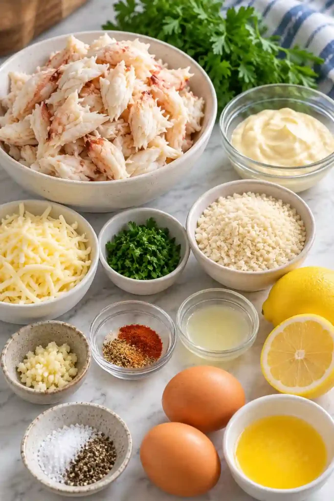 Golden brown Crab Bombs served fresh from the oven with dipping sauce and lemon slices. The crispy exterior hides tender seasoned lump crab meat inside.