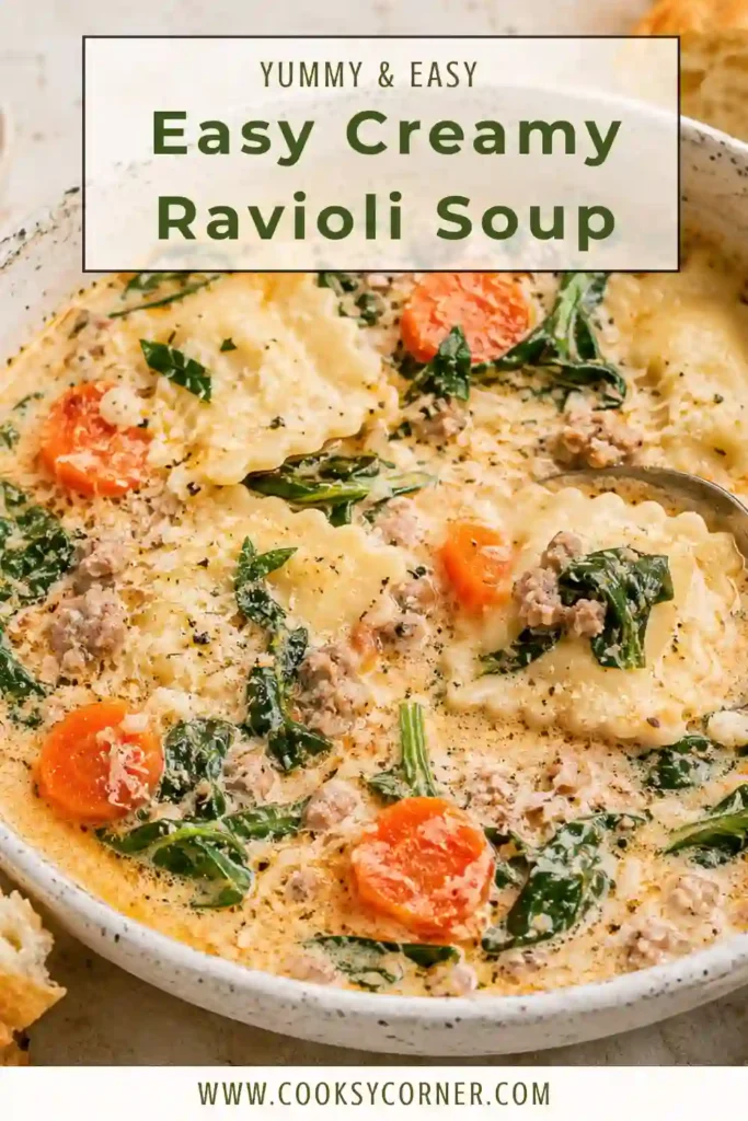 A bowl of Creamy Ravioli Soup filled with cheese ravioli, fresh spinach, carrots, and ground turkey in a rich tomato cream broth. Garnished with grated Parmesan for a comforting homemade meal.